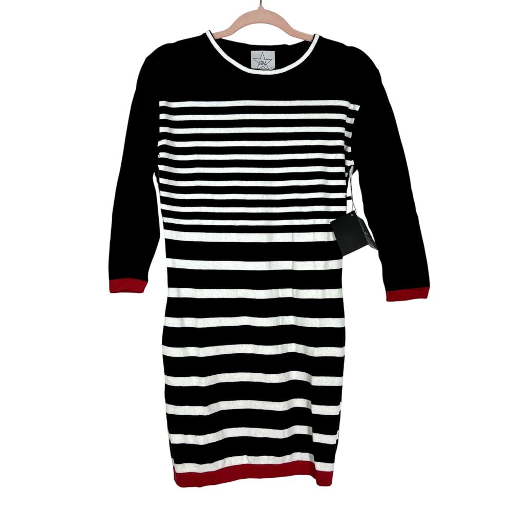 NWT Area Stars Black White Stripe Red Details Knit Long Sleeve Mini Dress Size S